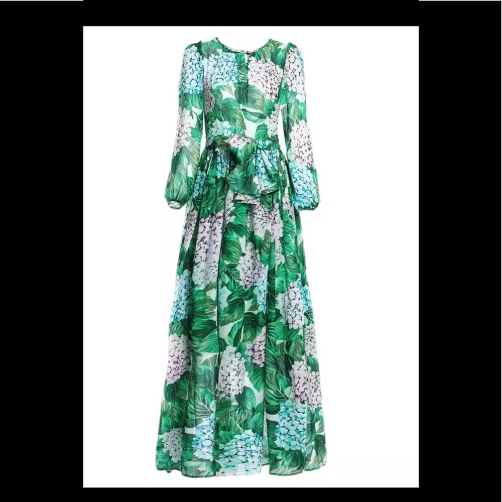 Green Floral Long Sleeve Maxi Dress